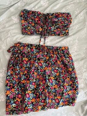 Floral Two-Piece Tube Top and Skirt Set - Black Base with Bright Floral Print